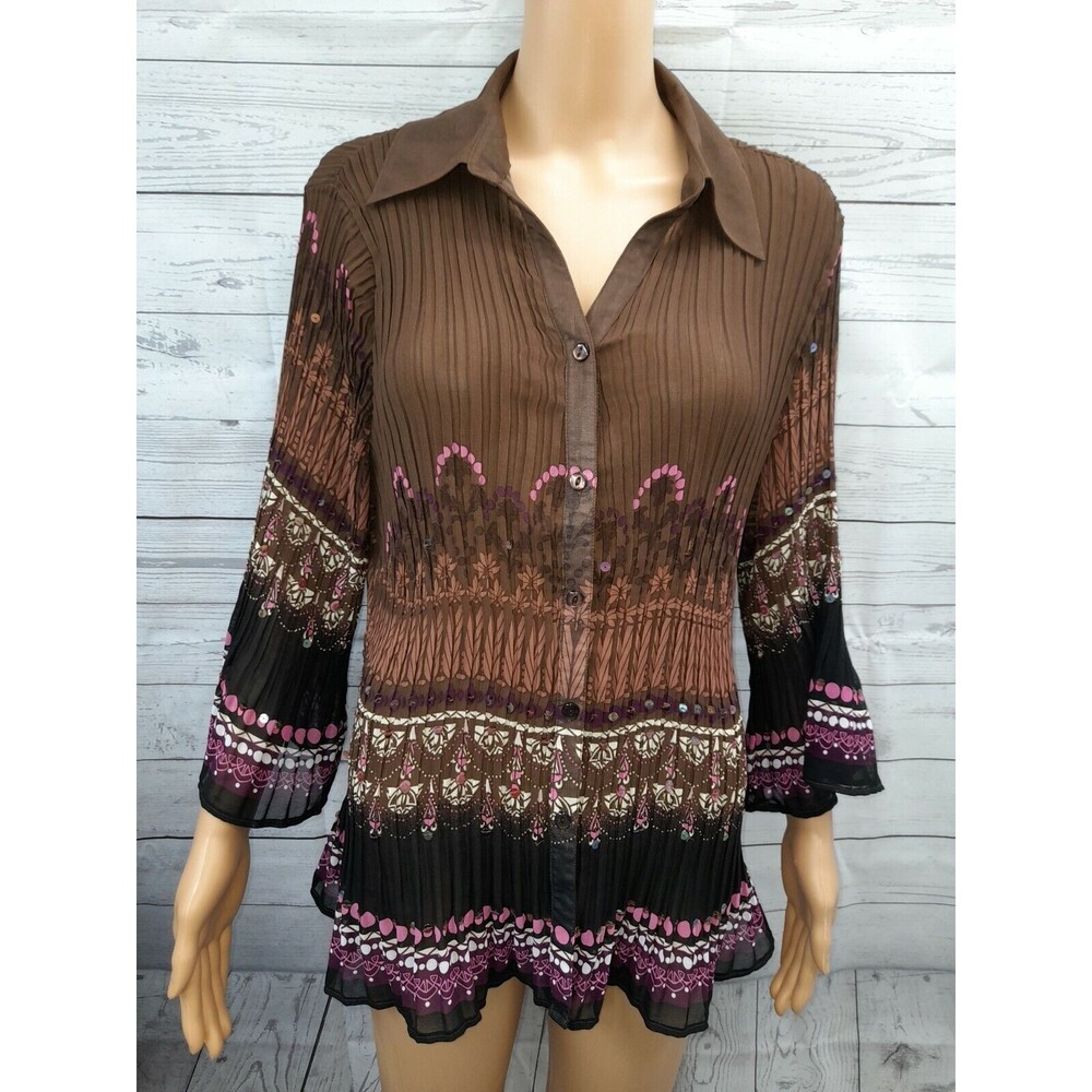 Avenue French Crinkle Pleated Button Blouse 14/16 Brown Sequins pink floral